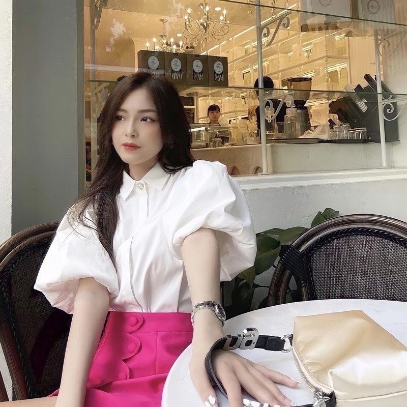 Áo sơ mi tay phồng tiểu thư đính ngọc vạt tôm xinh xắn 1