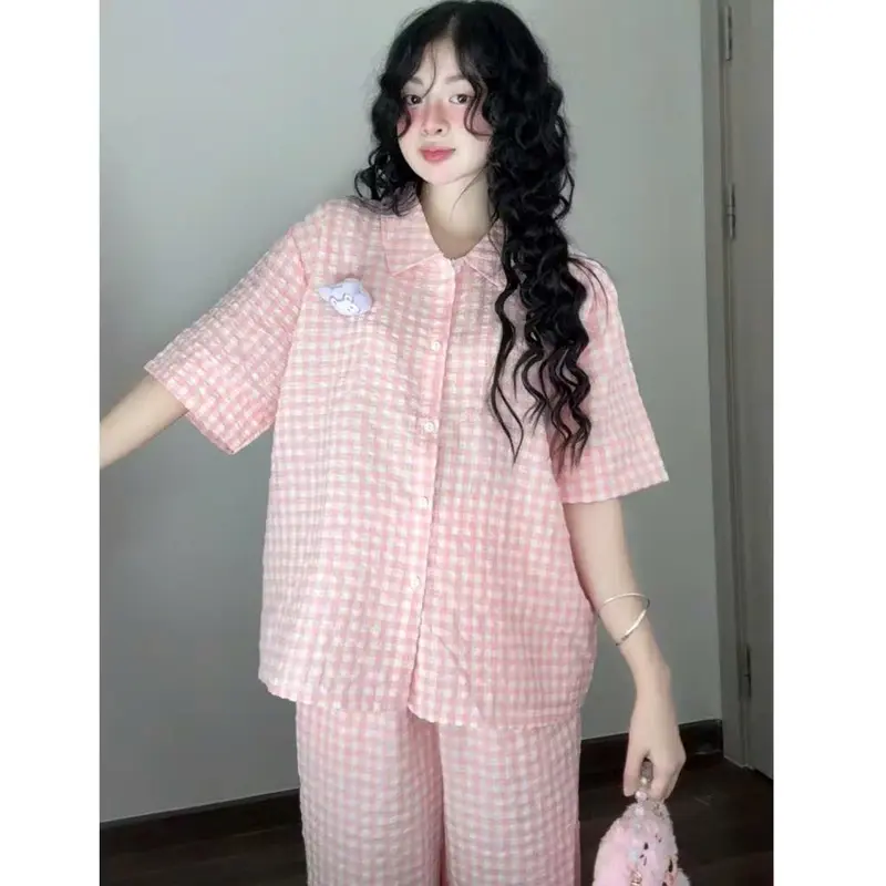 Bộ Ngủ Nữ  Tay Cộc Quần Dài , Bộ Pyjama Kẻ Caro Nhiều Màu Phong Cách Hàn Quốc Chất Đũi Nhăn Mịn Mát ( Kèm Charm ) 3