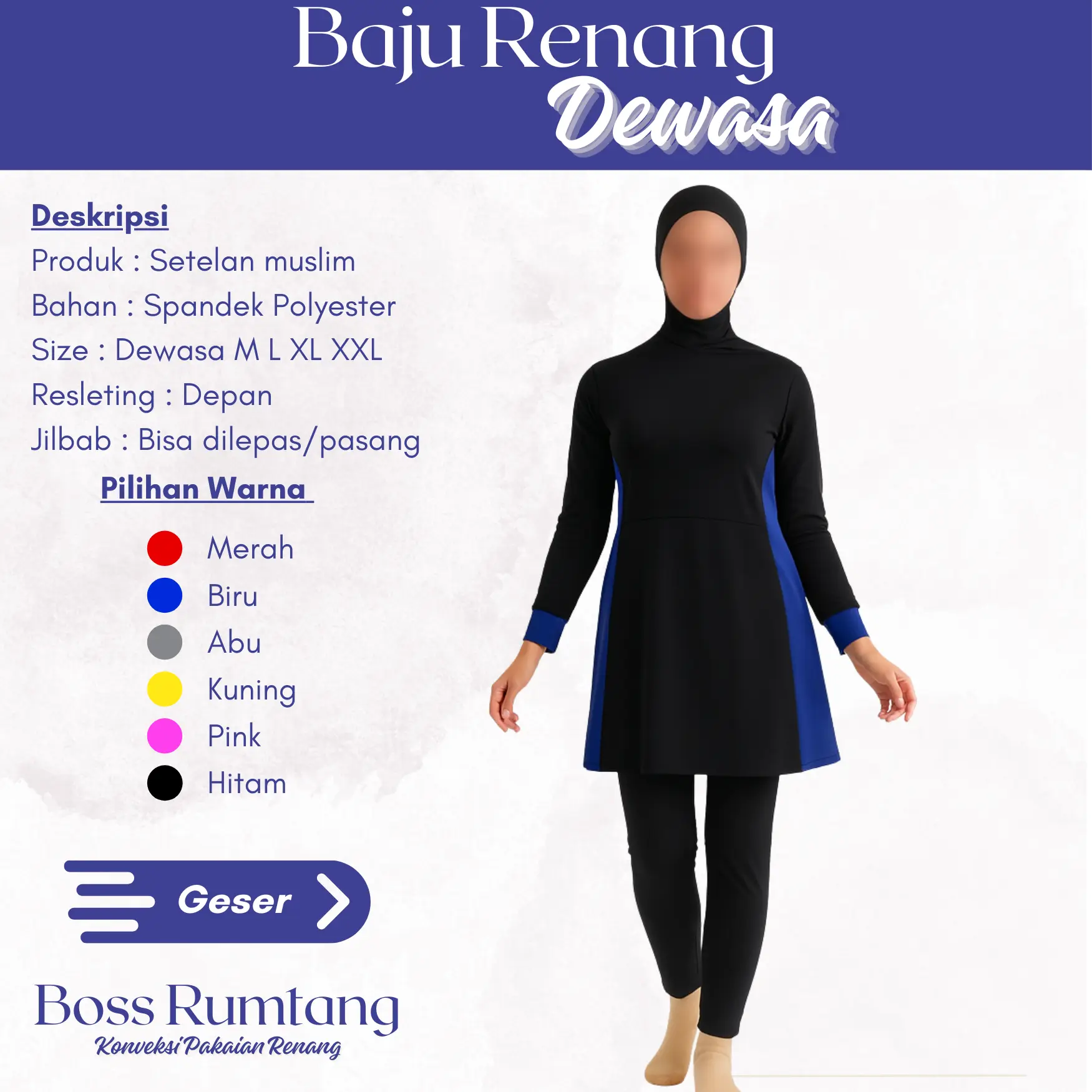Monochrome- Urban Go Baju Renang Muslim Lengkap dengan Hijab Ukuran Dewasa Remaja Setelan Renang Muslim Hijab Atasan dan Bawahan Sport