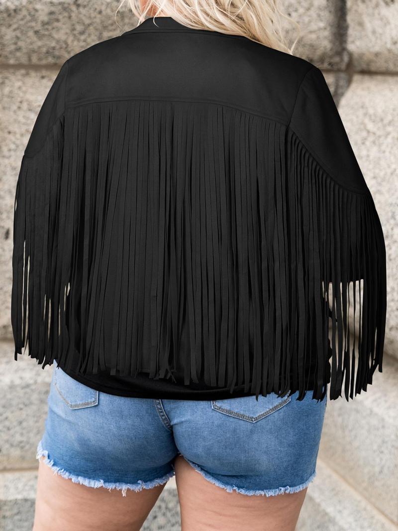 Product Introduction of 【Plus Size】 Fringe Trim Lapel Collar Jacket, Casual Long Sleeve Open Front Outerwear for Spring & Fall, Women's Clothes for Daily Wear 7