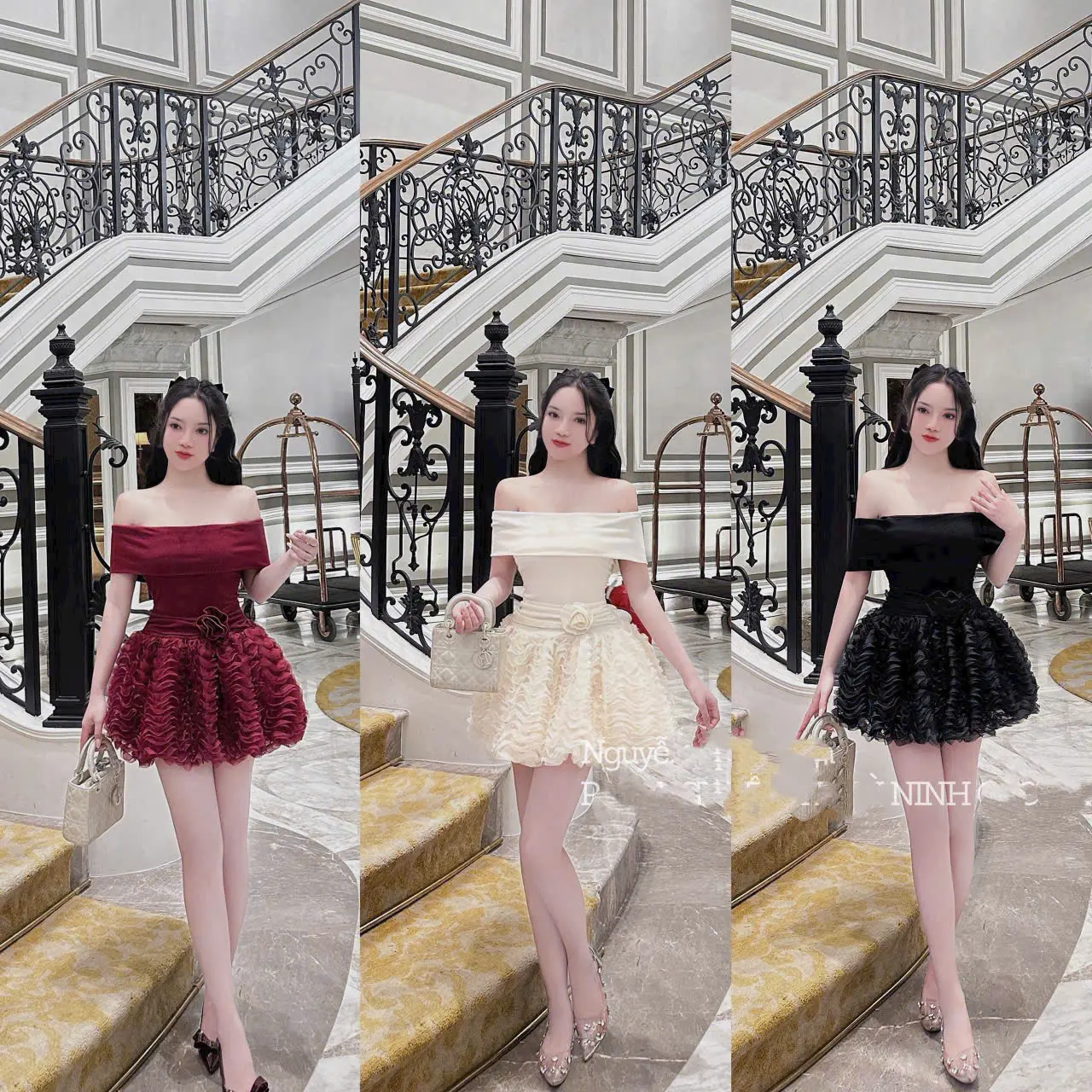 váy trễ vai đính hoa eo chân váy sóng bồng sang chảnh
