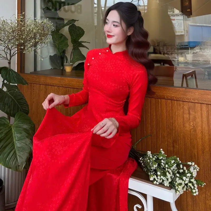 Bộ Áo dài Gấm Lụa Tơ Mềm cổ cao 2cm tay dài hoa nhí kèm quần lụa sang trọng  ( nhiều màu) Women 8