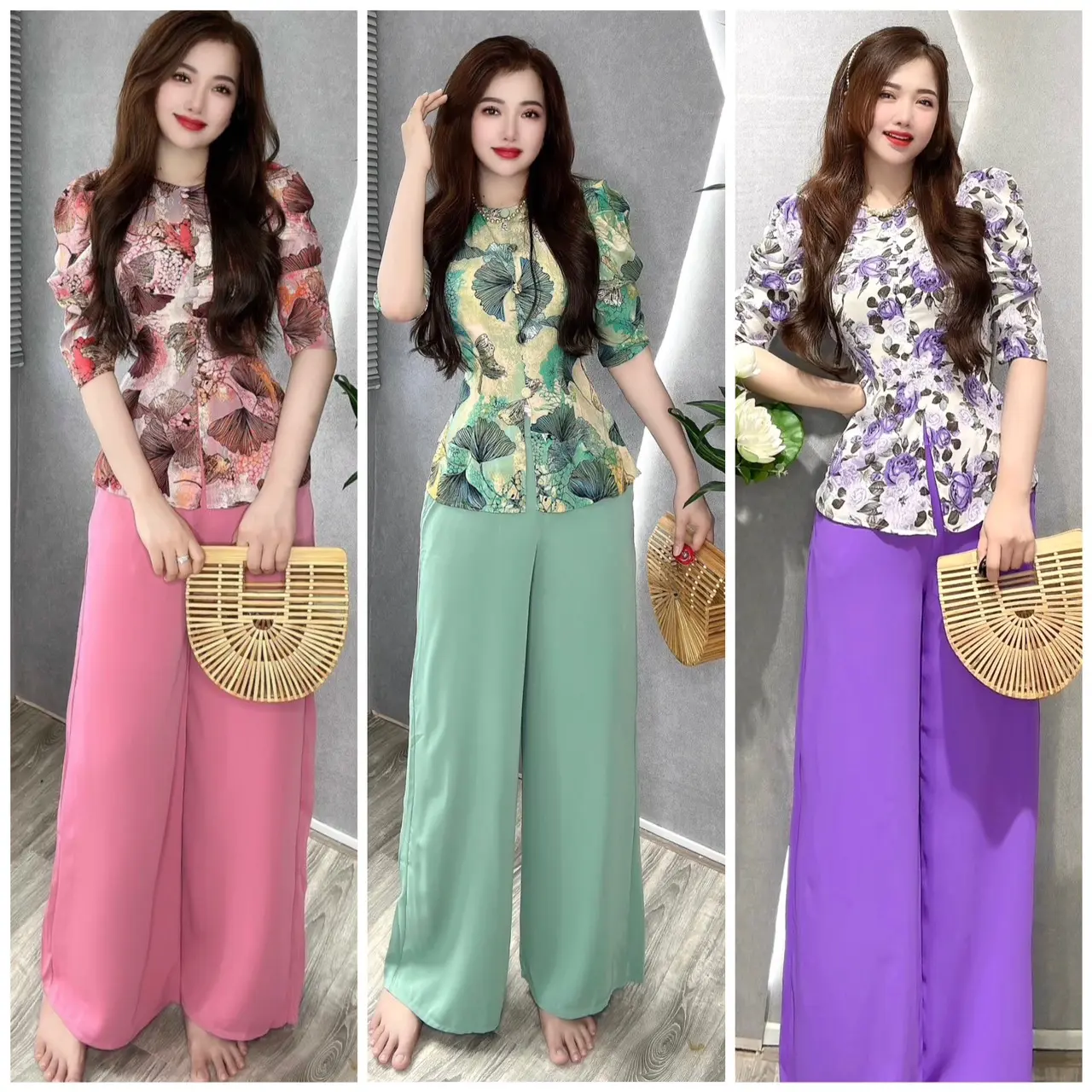 BỘ BÀ BA LỤA HOA NHÍ 3D TAY SUÔN VẢI LỤA MANGO CHO NỮ