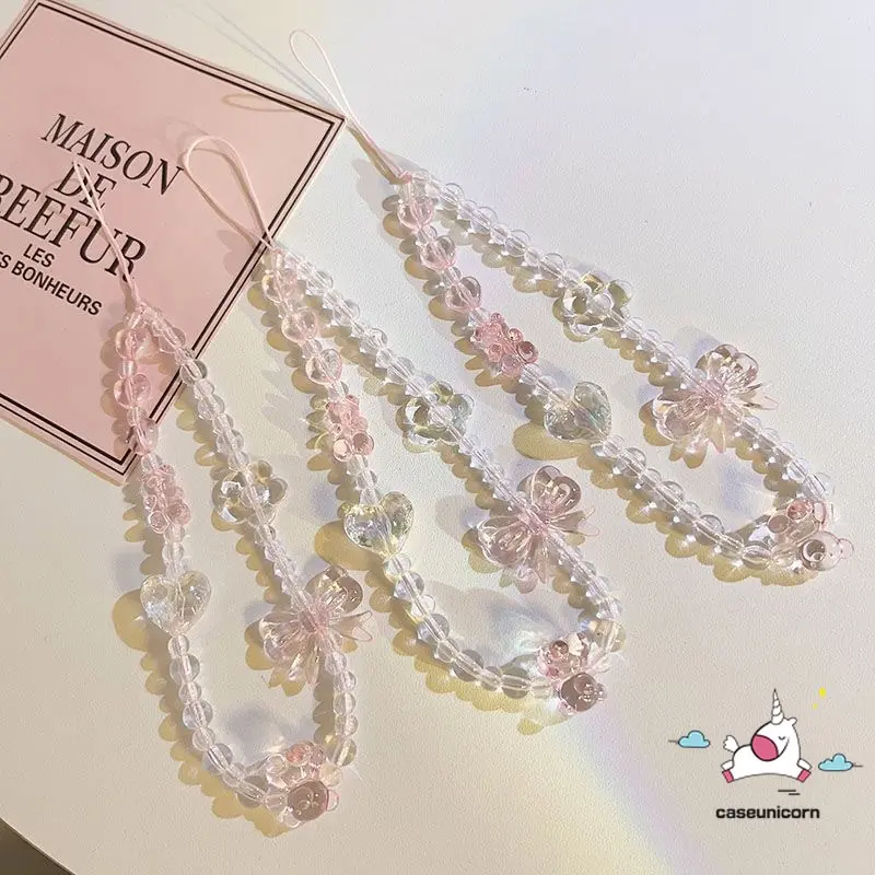 Cute Little Bear Pendant Beaded Bracelet Lanyard Fashion Dream Crystal Bow Pink Transparent Love Heart Cellphone Hanging Rope Keychain Phone Chain Lanyard Smartphone