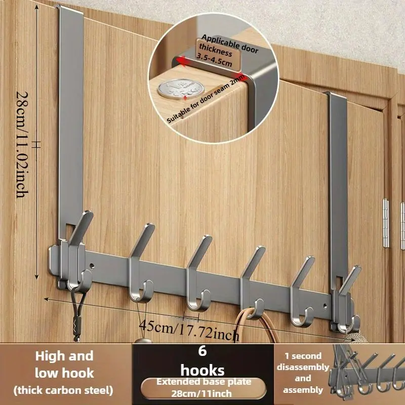 Wall Mounted Door Back Hanger, 1 Count Multifunctional Carbon Steel Door Hanger with 6/7 Hooks, Bathroom Storage Rack, Home Organizer 1