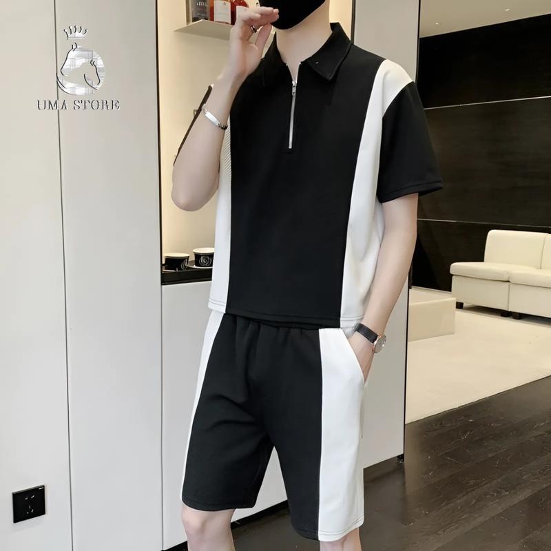 Bộ quần áo polo có cổ bẻ kéo khóa U.M.A chất vải umi chéo hàn co giãn 4 chiều thanh lịch trẻ trung POLOUMAOR Nam Menswear Ngắn Tay dây rút thời trang nam phong độ ♥❤m❥❣♂ �� người chọn giảm giá bộ đồ màu đen đơn giản đủ màu sắc đen m thường set nam