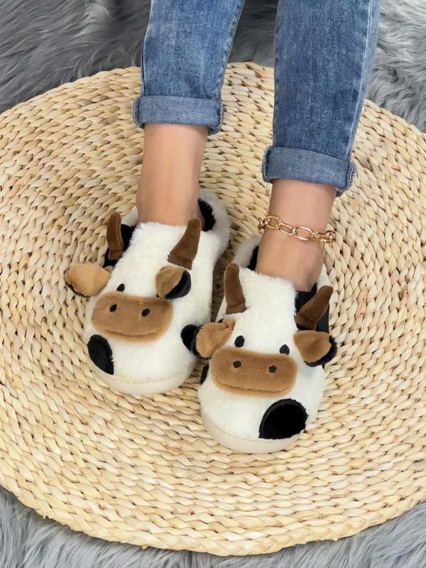 Women's Cute Cow Design Plush Slippers, Warm Bedroom Slippers for Winter, Silent Anti-slip Slippers for Daily Used 2