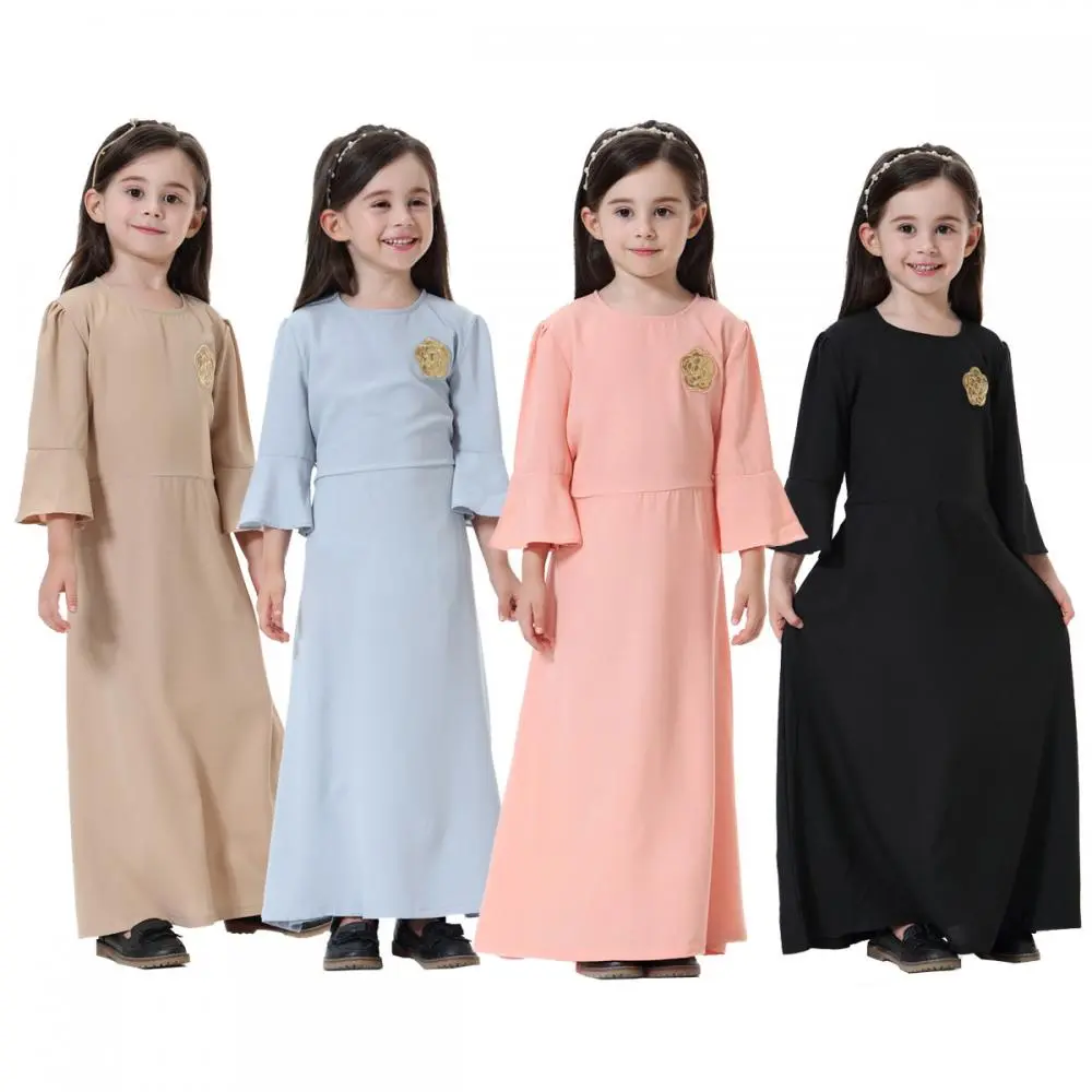 Kids Girls Muslim Dress Plain Long Sleeve Dress Loose Girl Maxi Dress Plus Size Muslimah Dress Abaya Robe Dress Princess Dress