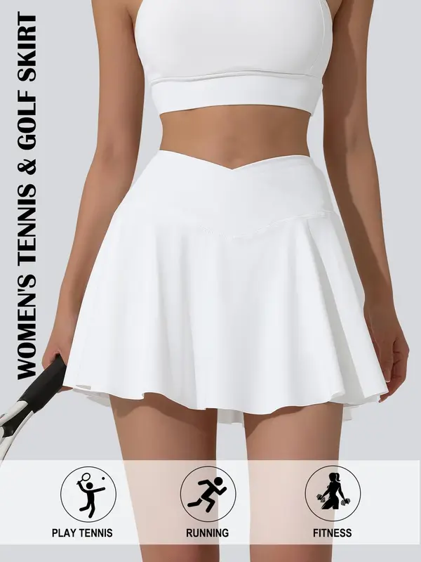Women's Solid Color V-Shaped Waist Tennis Skort, Casual Sporty Comfortable Breathable Anti-Exposure Tennis Skort with Built-In Pocket for Summer, Ladies Sportswear for Tennis Golf Running 8