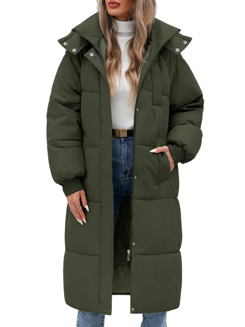 Product Introduction of Women's Solid Button Front Zipper  Hooded Longline Quilted Jacket, Casual Long Sleeve Pocket Design Outerwear for Fall & Winter, Women's Clothing for Daily Wear 5
