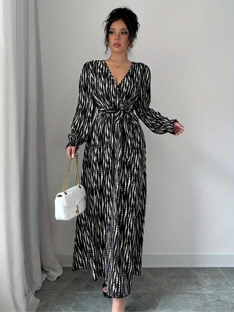 Product Introduction of Women's Polka Dot Print V Neck Belted Dress, Elegant Long Sleeve Dress for Spring & Fall, Women's Clothing for Daily Wear 1