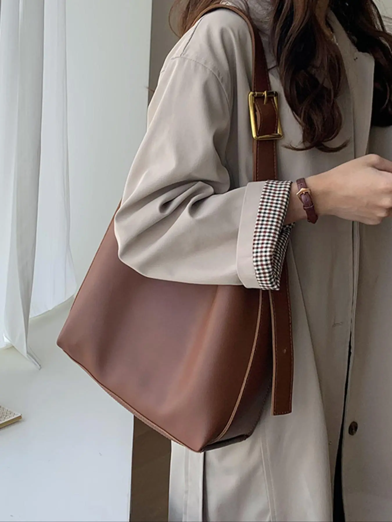 Women's Elegant Solid Color Adjustable Shoulder Bag, Fashionable Large Capacity Crossbody Bag for Work & Daily Used, Casual Trendy Versatile High-quality Daily Commuting Bag
