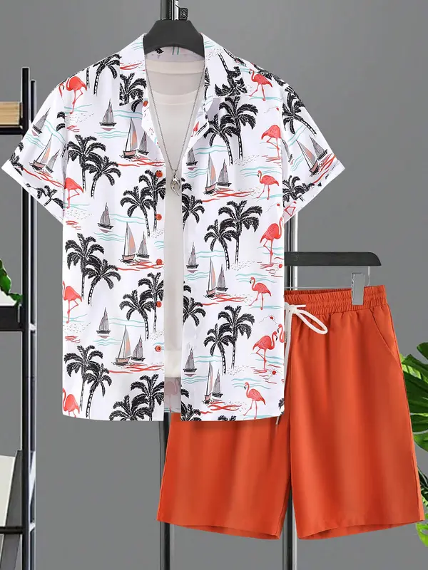 Men's Tropical Print Button Front Two-piece Set, Regular Fit Short Sleeve Shirt & Drawstring Pocket Shorts, Men's Outfits for Summer Beach Vacation 2