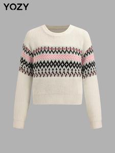 YOZY Women's Ethnic Pattern Drop Shoulder Sweater Pullover, Casual Long Sleeve Round Neck Jumper for Fall & Winter, Women's Knitwear for Daily Wear