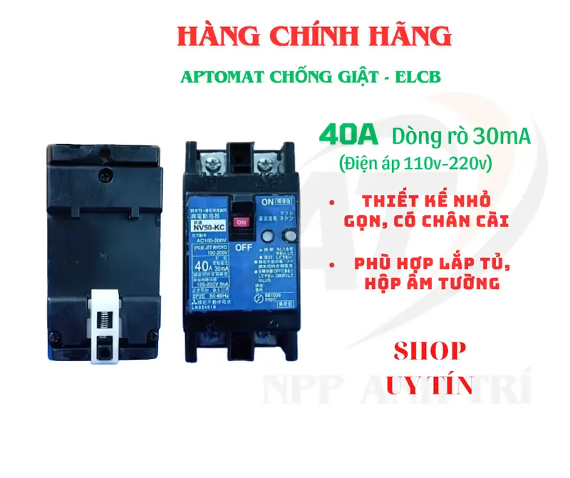 Aptomat, Cb bảo vệ điện giật, rò điện, quá tải điện 2 pha, 2 cực có chân cài lắp tủ công suất 40A dòng rò 30mA made in Japan ổ cắm đa năng thông minh 2