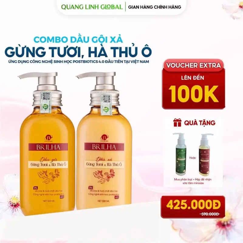 [ Pre - Order ] Combo Dầu Gội Xả Gừng Tươi + Hà Thủ Ô 500ML - Brilha By Quang Linh Global cho mẹ bầu