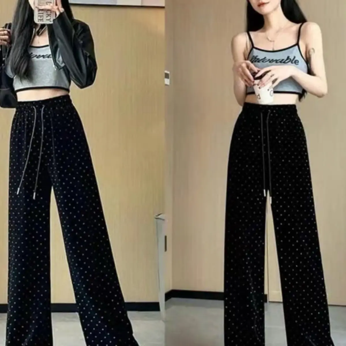 [ HOT]QUẦN NHUNG KIM TUYẾN ỐNG RỘNG Nữ Women Pants Kem Ong quần
