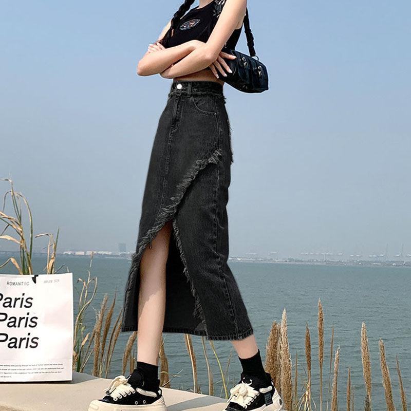 Split Denim Skirt Women's Summer New A- line High Waist Slimming Mid-Length Frayed Hot Girl Hip Skirt 5
