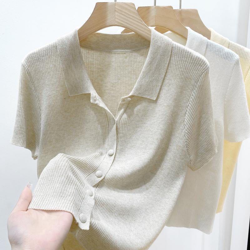 Đồ Len Dệt Kim, Ngắn Tay, Cổ Polo Mỏng, Thanh Lịch Và Mỏng Vừa Vặn, Dành Cho Phụ Nữ Vào Mùa Hè, Màu Trơn Nhỏ Dễ Phối Đồ Áo Cardigan Ngắn 0