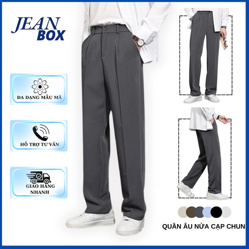  Quần âu nam nữ nửa cạp chun ống suông màu ghi JEAN BOX phong cách Hàn Quốc Pants Menswear Có Túi 