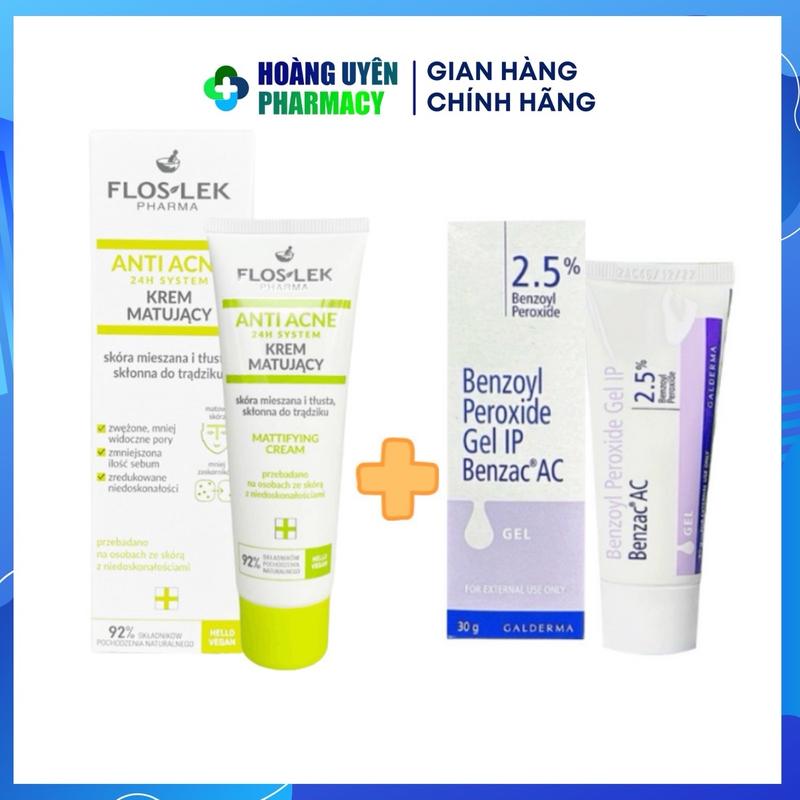 Combo kiềm dầu giảm mụn Kem dưỡng Floslek + Benzac 2.5% 30g