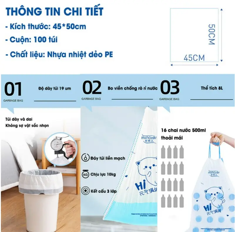 Cuộn 100 Túi Đựng Rác Có Dây Rút Minaier Loại Siêu Dày Dai Chắc Chắn, Túi Đựng Rác Chống Rò Rỉ Nước. 2