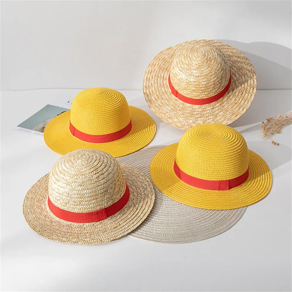 Topi jerami Luffy untuk lelaki dan wanita, Aksesori cosplay persisian anime, topi matahari musim panas, kuning, tepi besar, 31CM- 35CM