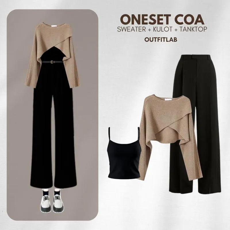 Bramantyashop - Coa Outfit Set Wanita Setelan Nongkrong ( Outer Atasan Sweater + Inner Tanktop +  Celana Kulot Loose Hitam ) OOTD Remaja Kekinian Korea Style Dewasa Baju Casual