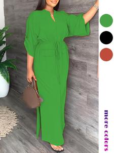 Women's Plain Drawstring Split Thigh Dress, Elegant Notched Neck Roll Up Sleeve Long Dress, Ladies Clothes for All Seasons, Summer Dresses 2024, Dresses for Women, Summer Outfits 2024