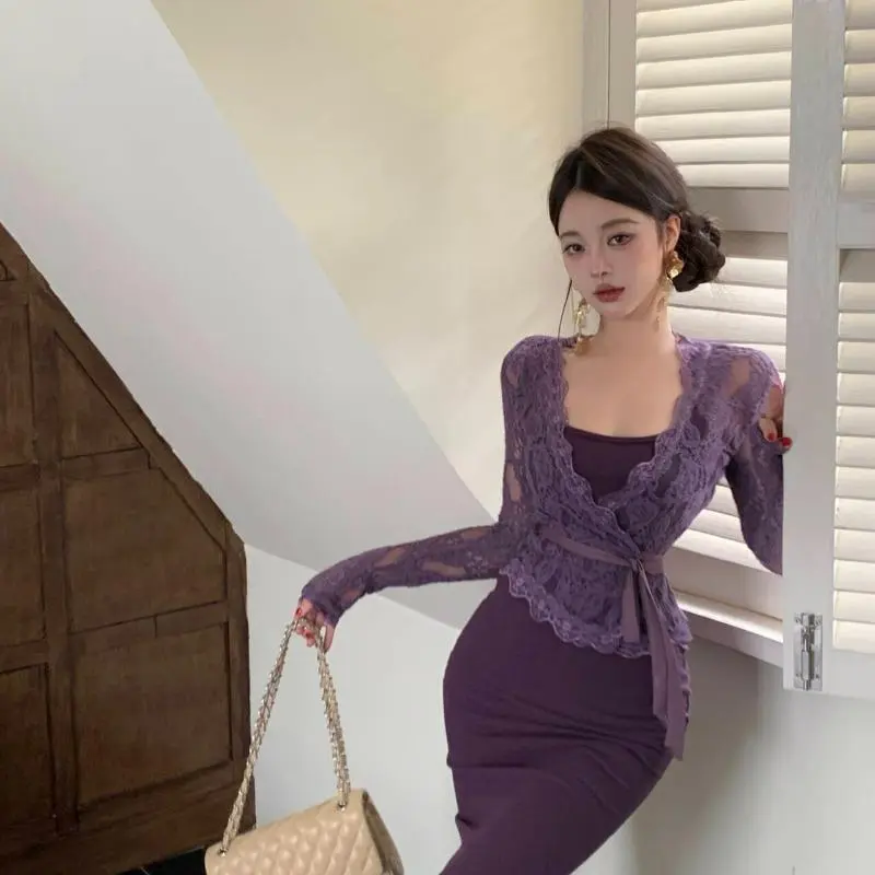 Váy Hai Dây Màu Tím, Dễ Thương Và Gợi Cảm, Bộ Hai Mảnh Mùa Đông, Phong Cách Cô Gái Nóng Bỏng, Áo Cardigan Dài Tay Ren, Bán Chạy, Dành Cho Nữ Women Voi Dress