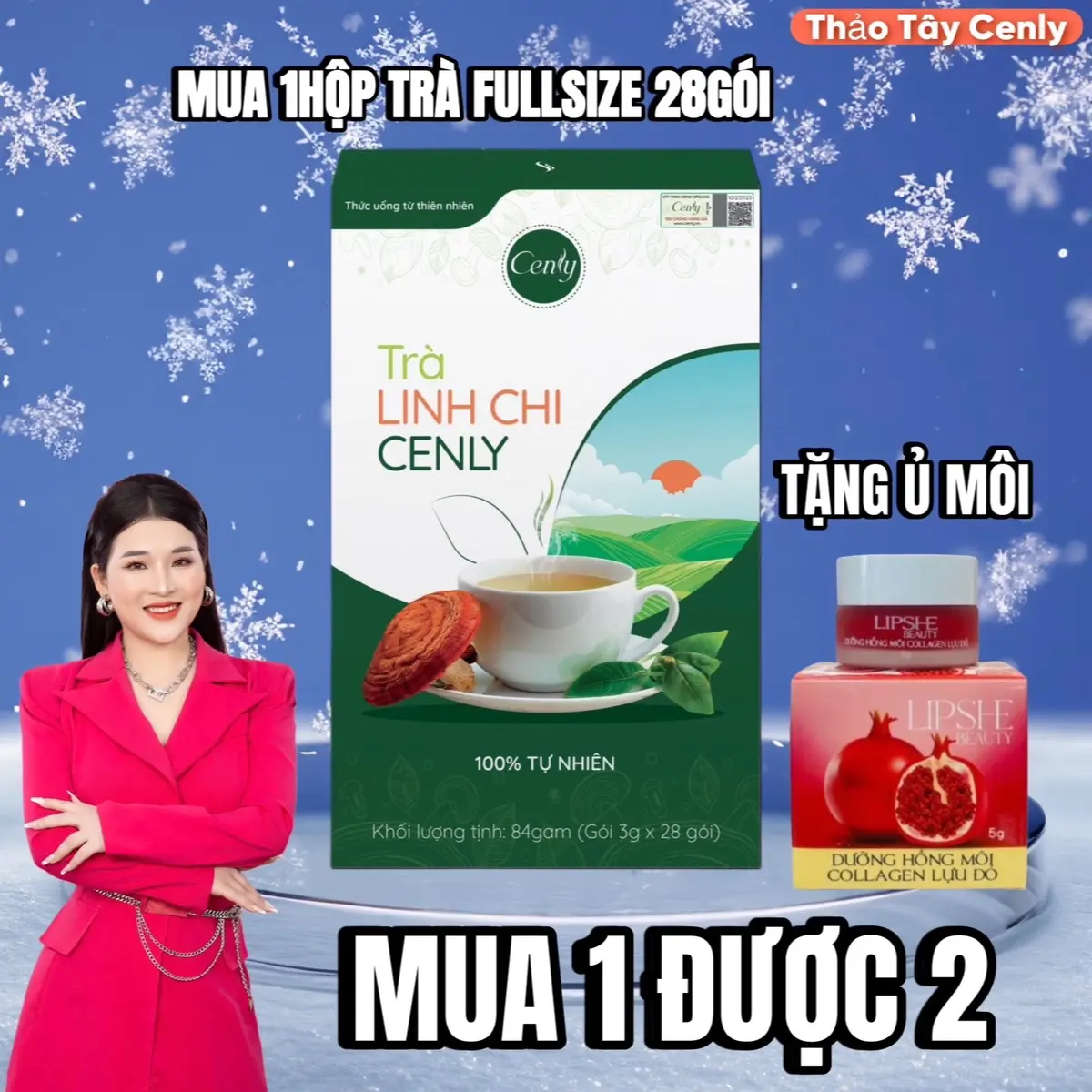 [New] Trà Linh Chi Cenly túi lọc - FULLSIZE Hộp 28 gói + Tặng 1son dưỡng môi SLIPSHE / hỗ trợ làm đẹp Thảo Tây Cenly