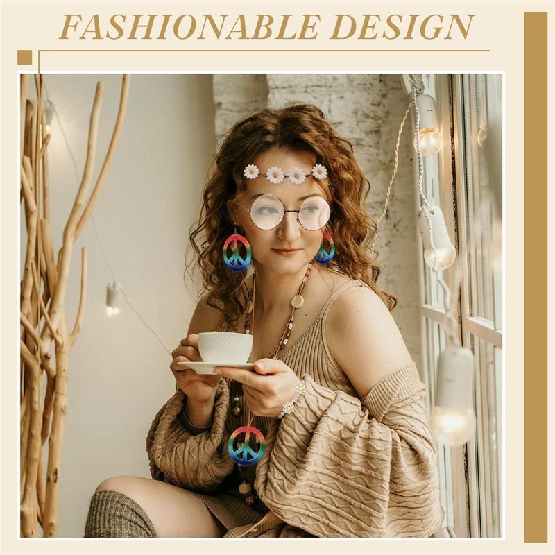 Product Introduction of Vintage 60's 70s Style Women's Hippie Costume Set Boho Peace Sign Round Glasses Hippie Costume Accessories Set for Groovy Party Girls Womenswear Adjustable 16