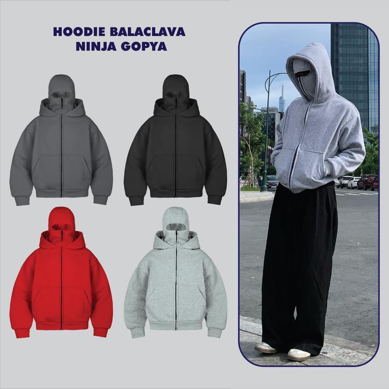  Áo Khoác Hoodie Zip Boxy Balaclava Ninja 2 mũ GOPYA thời trang chống nắng chất liệu nỉ bông form boxy nam nữ đều mặc được Jacket Menswear 