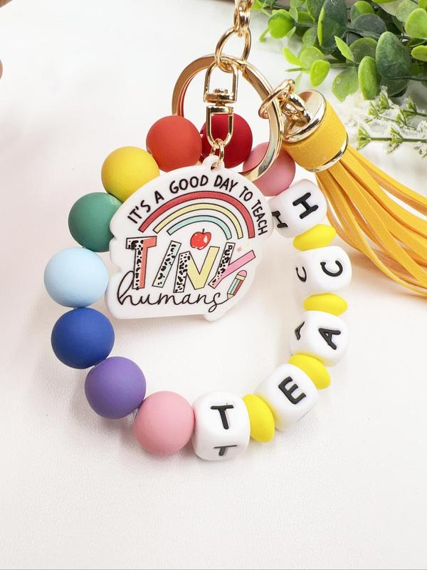 Creative Letter Pattern Tassel Decor Metal Keychain, Beaded Bracelet Decor Key Ring, Fashionable Keychain for Men & Women, Charms, Gifts for Her 1