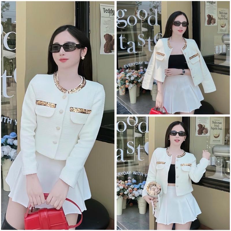 Áo dạ Tweed đan cổ đá cườm 2 lớp có đệm vai - Thời Trang Nữ