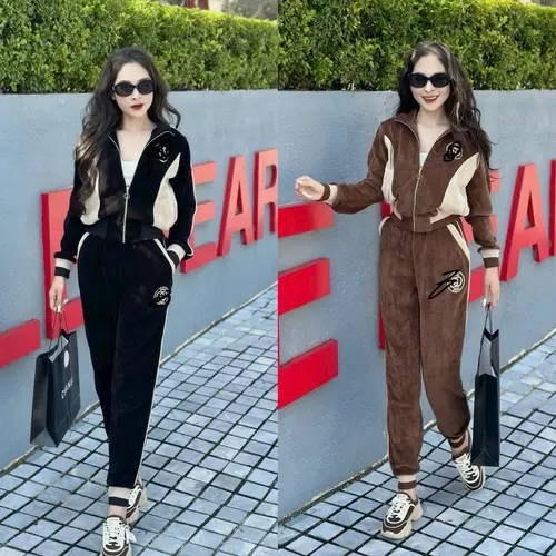 Bộ nhung nữ mùa đông phối màu bo chun tay và cho chun quần