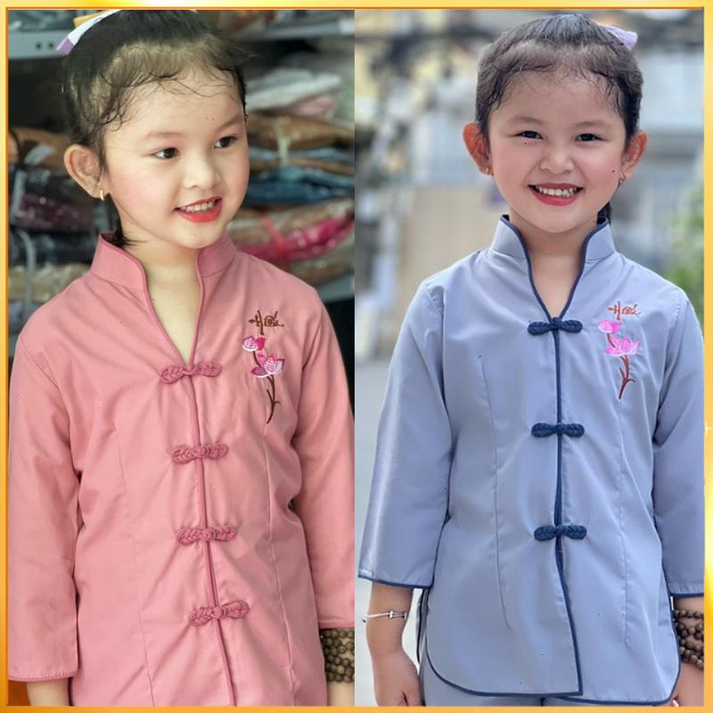 Đồ Lam Đi Chùa Bé Gái - Bộ Pháp Phục Truyền Thống Xẩm Tàu Thêu Sen, Vải KATE Phối Viền Nút Tàu BÉ-AL009 Cho Bé
