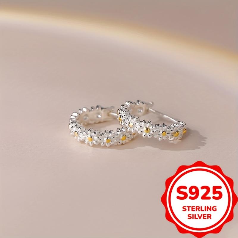 [Silver | Cute] 925 Sterling Silver | Cute Daisy Huggie Hoop Earrings For Girls Women | For Daily Jewelry Birthday Christmas Gifts (2.6g) 4