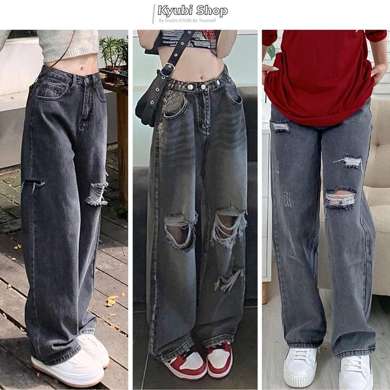 Quần jean rách gối ống rộng phong cách Hiphop mài rách (Nhiều mẫu, Có Bigsize ) - Quần jeans Kyubi Collection Nữ Pants