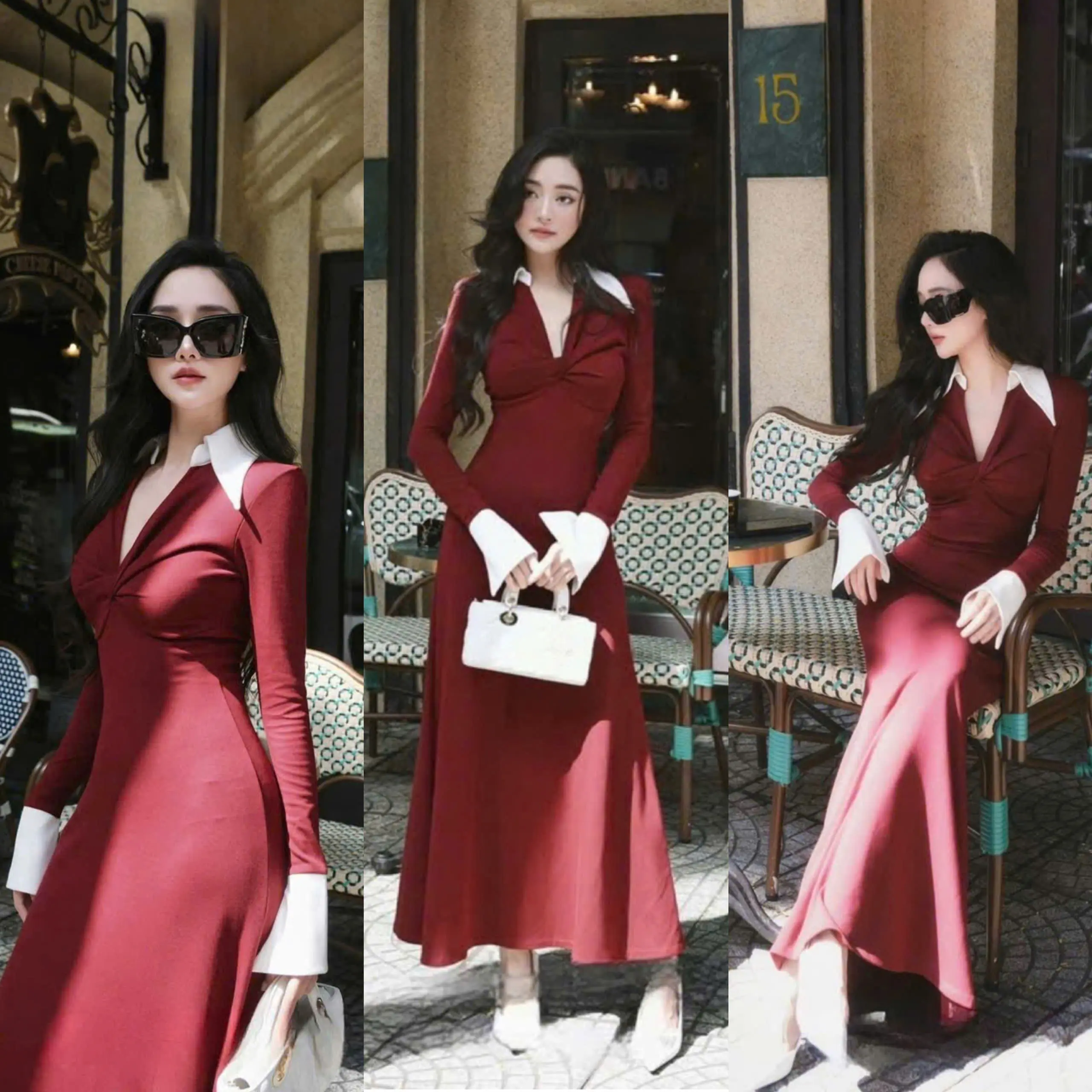 D671 ĐẦM THIẾT KẾ BIGSIZE DÁNG DÀI CỔ V PHỐI TAY LOE TRẮNG (TÁO ĐỎ BIGSIZE 55-90KG)