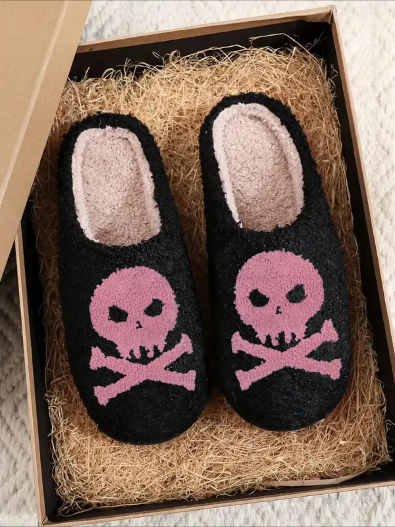 Women's Colorblock Skull Pattern Plush Slippers, Comfortable Warm Soft Sole Flat Home Slippers, Girl's Casual Bedroom Slippers for Fall & Winter As Gift Halloween