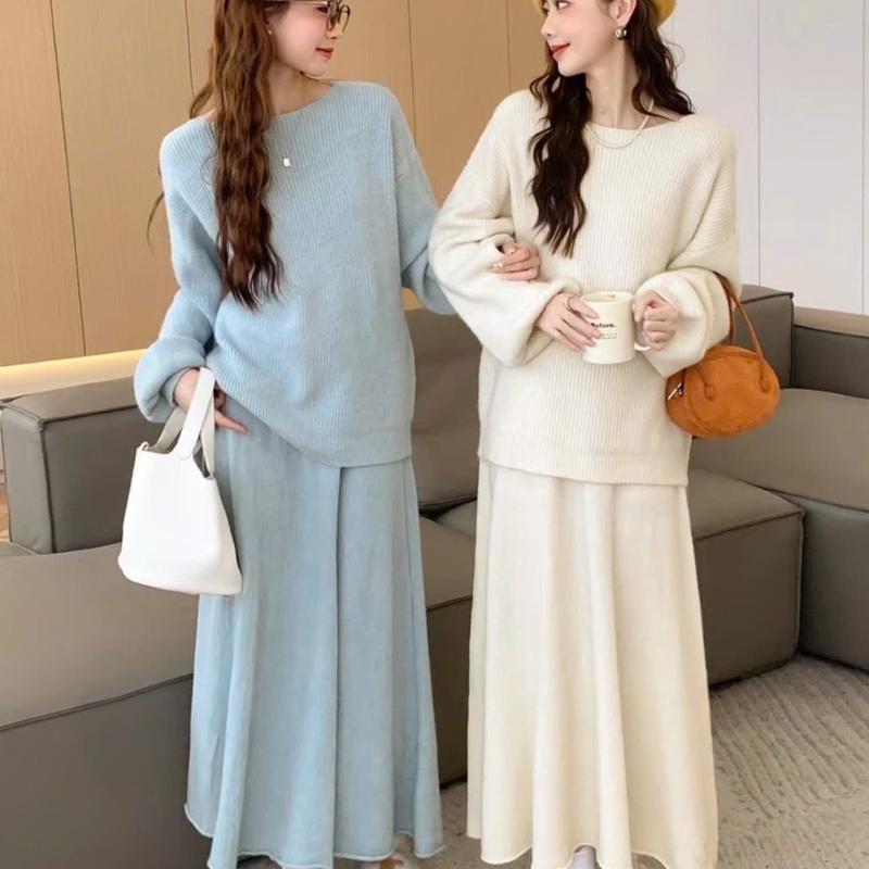 Set áo + chân váy len Hàn Quốc áo len ấm áp tiểu thư ngọt ngào mùa đông có chun co giãn chỉnh nấc váy bầu đầm bầu Nữ Quần Women Đen