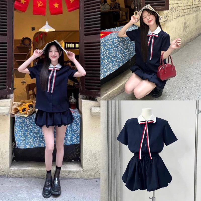 Set áo sơ mi xanh cổ sen trắng Mix chân váy bí phồng tặng kèm nơ cài kẻ sọc có quần bảo hộ HB750 Nữ Women Top