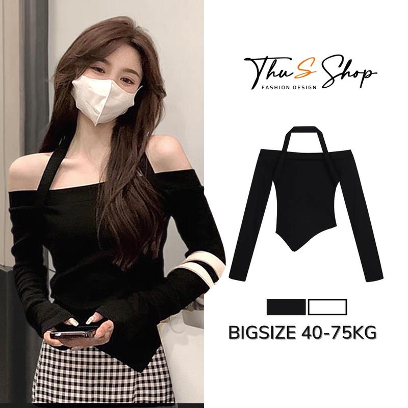 Áo Trễ Vai Dài Tay Phối Dây Yếm Quyến Rũ, Áo Kiểu Nữ BIG SIZE Hở Vai Dáng Ôm Chất Cotton Mỏng Gợi Cảm THUS759