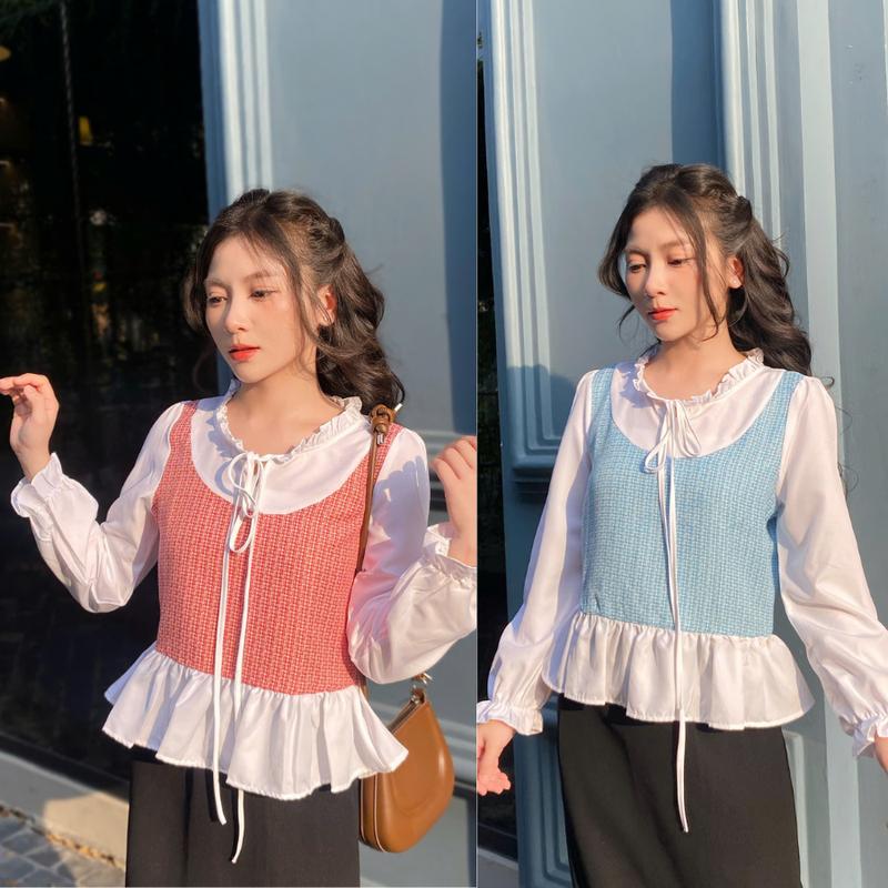  Áo sơ mi nữ dáng babydoll thiết kế cổ áo bèo thắt dây nơ MD Top Women 