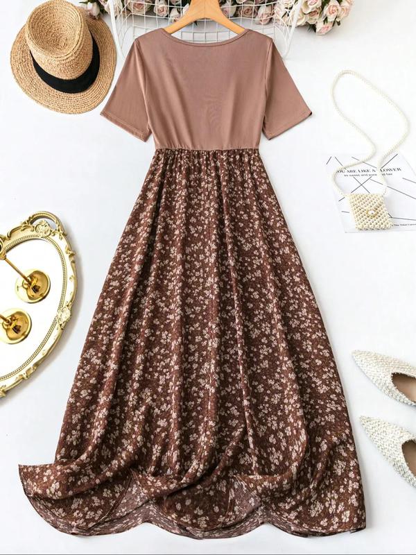 【Plus Size】Ditsy Floral Print Scoop Neck A Line Dress, Boho Casual Short Sleeve Long Dress for Daily Outdoor Wear, Summer Dress, Women Plus Clothing for All Seasons, Womenswear 5