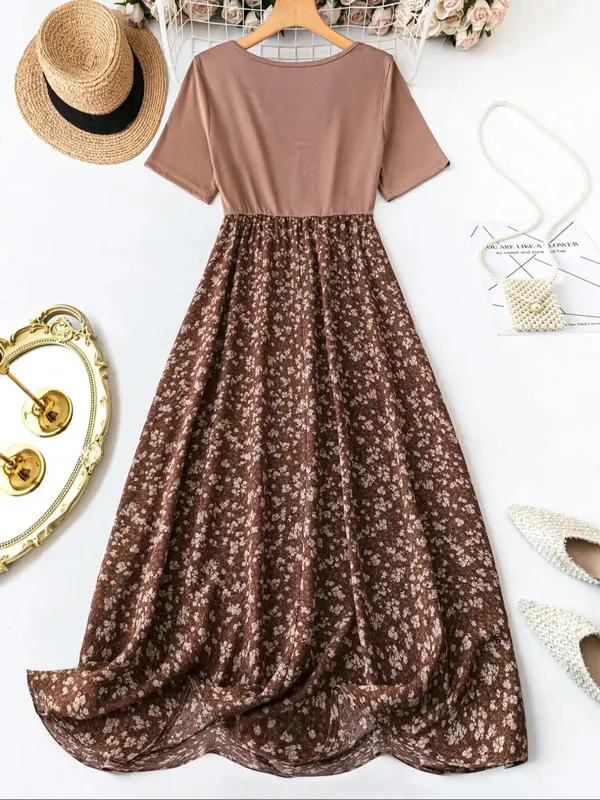 【Plus Size】Ditsy Floral Print Scoop Neck A Line Dress, Boho Casual Short Sleeve Long Dress for Daily Outdoor Wear, Summer Dress, Women Plus Clothing for All Seasons, Womenswear, Sundress 5