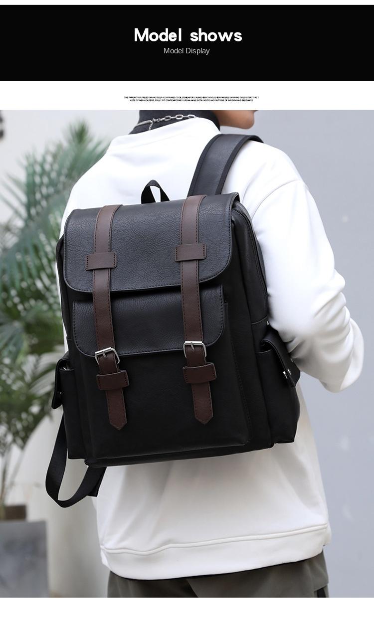 Product Introduction of Men's Large-Capacity Backpack-Business Notebook Bag, with Adjustable Shoulder Strap, Travel and Student School Bag, Black with Brown Embellishment, Design, Multi-One Compartment, Stylish Stitching Details 1