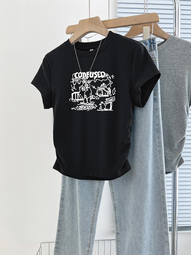 Product Introduction of Short pleated women's T-shirt waist design sweet short-sleeved summer cotton round neck top 7