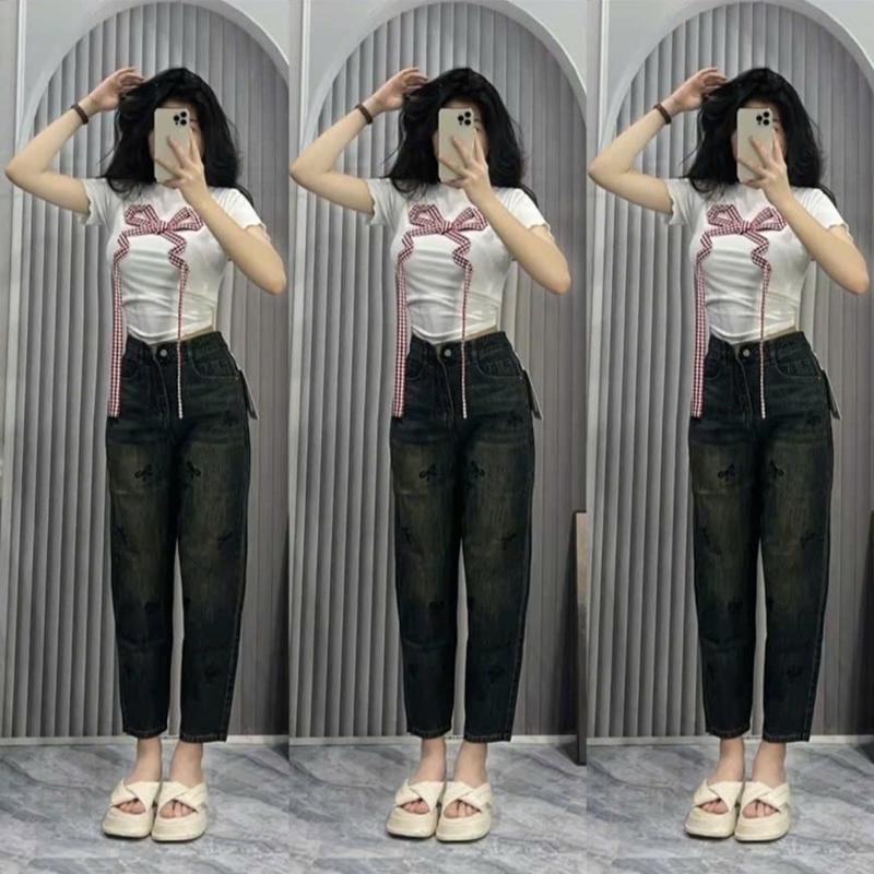 Quần Bò Baggy Jeans Lưng Chun Phối Túi Thêu Nơ, Quần Bò Jeans Denim Nữ Cạp Cao Dáng Baggy Hách Dáng Cực Đẹp 5
